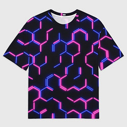 Мужская футболка оверсайз Сине-розовые неоновые неполные гексагоны