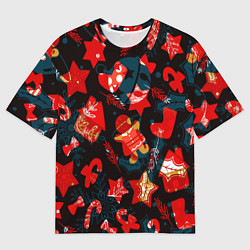 Мужская футболка оверсайз Рождественские узоры красные
