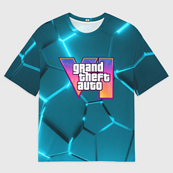 Мужская футболка оверсайз GTA 6 лого на фоне разлома голубых плит