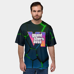 Футболка оверсайз мужская GTA 6 лого на фоне разлома зеленых плит, цвет: 3D-принт — фото 2