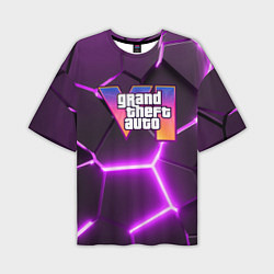 Футболка оверсайз мужская GTA 6 лого на фоне разлома фиолетовых плит, цвет: 3D-принт