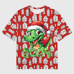 Мужская футболка оверсайз Зеленый дракон на рождественском фоне