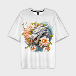 Мужская футболка оверсайз Китайский дракон в цветах сакуры
