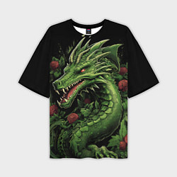 Мужская футболка оверсайз Зеленый яркий неоновый дракон символ 2024 года