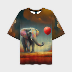 Мужская футболка оверсайз Грустный слон и красный шарик