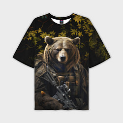 Мужская футболка оверсайз Медведь солдат в ночном лесу