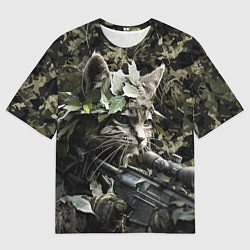 Мужская футболка оверсайз Кот снайпер в камуфляже