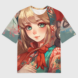 Мужская футболка оверсайз Русская девушка в аниме стиле в платке и с плюшево