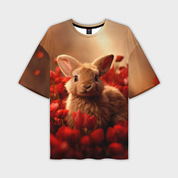 Мужская футболка оверсайз Влюбленный кролик в розах
