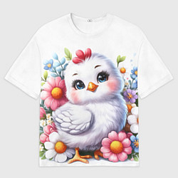 Футболка оверсайз мужская Мультяшная курица с цветами акварелью, цвет: 3D-принт