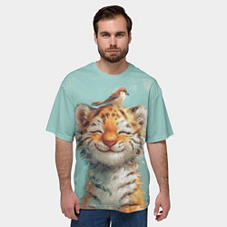 Футболка оверсайз мужская Тигренок и воробей, цвет: 3D-принт — фото 2