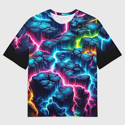 Мужская футболка оверсайз Трещины и неон