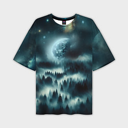 Мужская футболка оверсайз Луна и туман в лесу