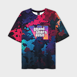 Футболка оверсайз мужская GTA 6 logo яркий неоновый камуфляжный стиль, цвет: 3D-принт