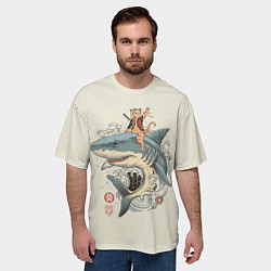 Футболка оверсайз мужская Кот якудза верхом на акуле, цвет: 3D-принт — фото 2