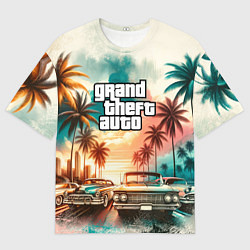 Футболка оверсайз мужская ГТА - пальмы и машины, цвет: 3D-принт