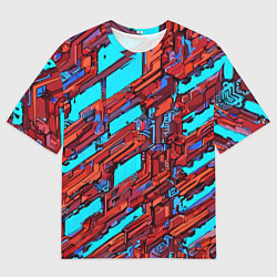 Футболка оверсайз мужская Красные фрагменты на голубом фоне, цвет: 3D-принт