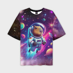 Мужская футболка оверсайз Космонавт капибара в неоновом космосе