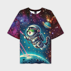 Мужская футболка оверсайз Котик в космосе с лазерным пистолетом