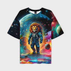 Мужская футболка оверсайз Лев космонавт в неоновом космическом пространстве
