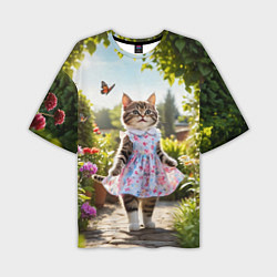 Мужская футболка оверсайз Кошка в летнем платье в саду