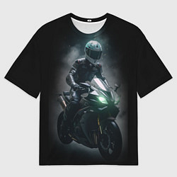 Мужская футболка оверсайз Мотоциклист на спортивном байке черный фон