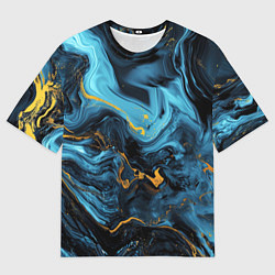 Мужская футболка оверсайз Синяя абстракция с золотым напылением