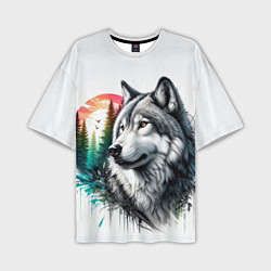 Мужская футболка оверсайз Портрет волка на фоне природы