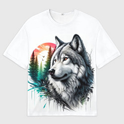 Мужская футболка оверсайз Портрет волка на фоне природы