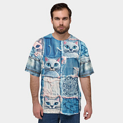 Футболка оверсайз мужская Кошки на пэчворк джинсах паттерн, цвет: 3D-принт — фото 2