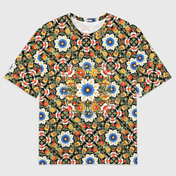 Футболка оверсайз мужская Русские цветочные узоры красно-желтые, цвет: 3D-принт