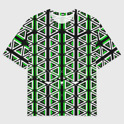 Футболка оверсайз мужская Бело-зелёные треугольники на чёрном фоне, цвет: 3D-принт