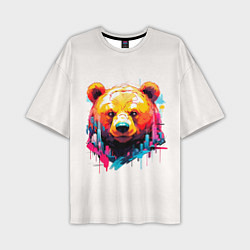 Мужская футболка оверсайз Мишка в городе: голова медведя на фоне красочного