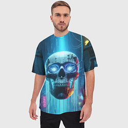 Футболка оверсайз мужская Cyber skull - neon glow ai art, цвет: 3D-принт — фото 2