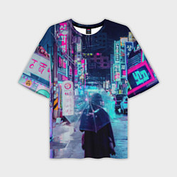 Мужская футболка оверсайз Дождливый неоновый вечер в Японии