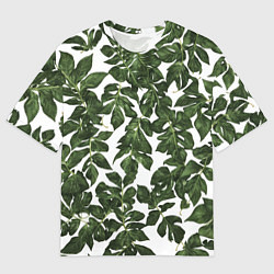 Футболка оверсайз мужская Зеленые листочки на белом фоне, цвет: 3D-принт