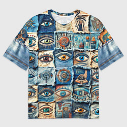 Мужская футболка оверсайз Глаза на джинсах пэчворк