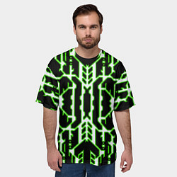 Футболка оверсайз мужская Техно белые линии с зелёной обводкой на чёрном фон, цвет: 3D-принт — фото 2