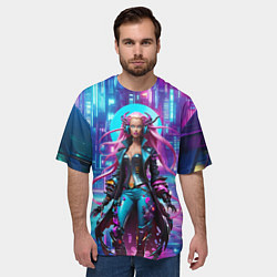 Футболка оверсайз мужская Кибер ведьма в неоновом городе - нейросеть, цвет: 3D-принт — фото 2