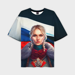 Футболка оверсайз мужская Блондинка с косами - флаг России, цвет: 3D-принт