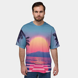 Футболка оверсайз мужская Пальмы на шахматном полу с видом на закат, цвет: 3D-принт — фото 2