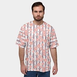 Футболка оверсайз мужская Коралловые цветы на полосатом фоне, цвет: 3D-принт — фото 2