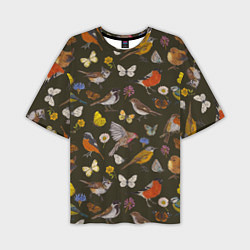Мужская футболка оверсайз Птицы и бабочки с цветами паттерн