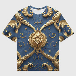 Футболка оверсайз мужская Золотые узоры на синей ткани, цвет: 3D-принт
