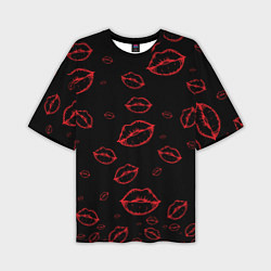 Мужская футболка оверсайз Паттерн красные губы на черном - lips red