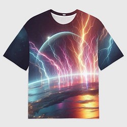 Футболка оверсайз мужская Неоновый космос - разряд молний, цвет: 3D-принт