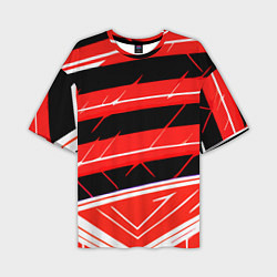 Футболка оверсайз мужская Чёрно-белые полосы на красном фоне, цвет: 3D-принт