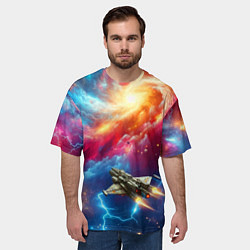 Футболка оверсайз мужская Космолёт в неоновом космосе, цвет: 3D-принт — фото 2