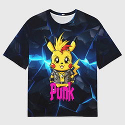 Мужская футболка оверсайз Пикачу панк на фоне синего разлома