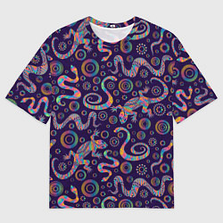 Мужская футболка оверсайз Узор ярких ящериц и змей